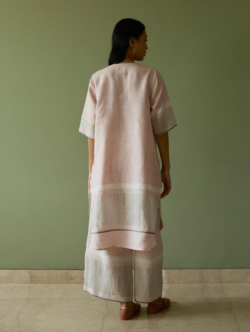 Iva Pleated Border Linen Kurta-Blush linen by Manan in blush color for women Worldwide