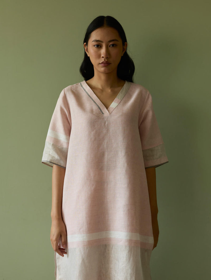 Iva Pleated Border Linen Kurta-Blush linen by Manan in blush color for women Worldwide