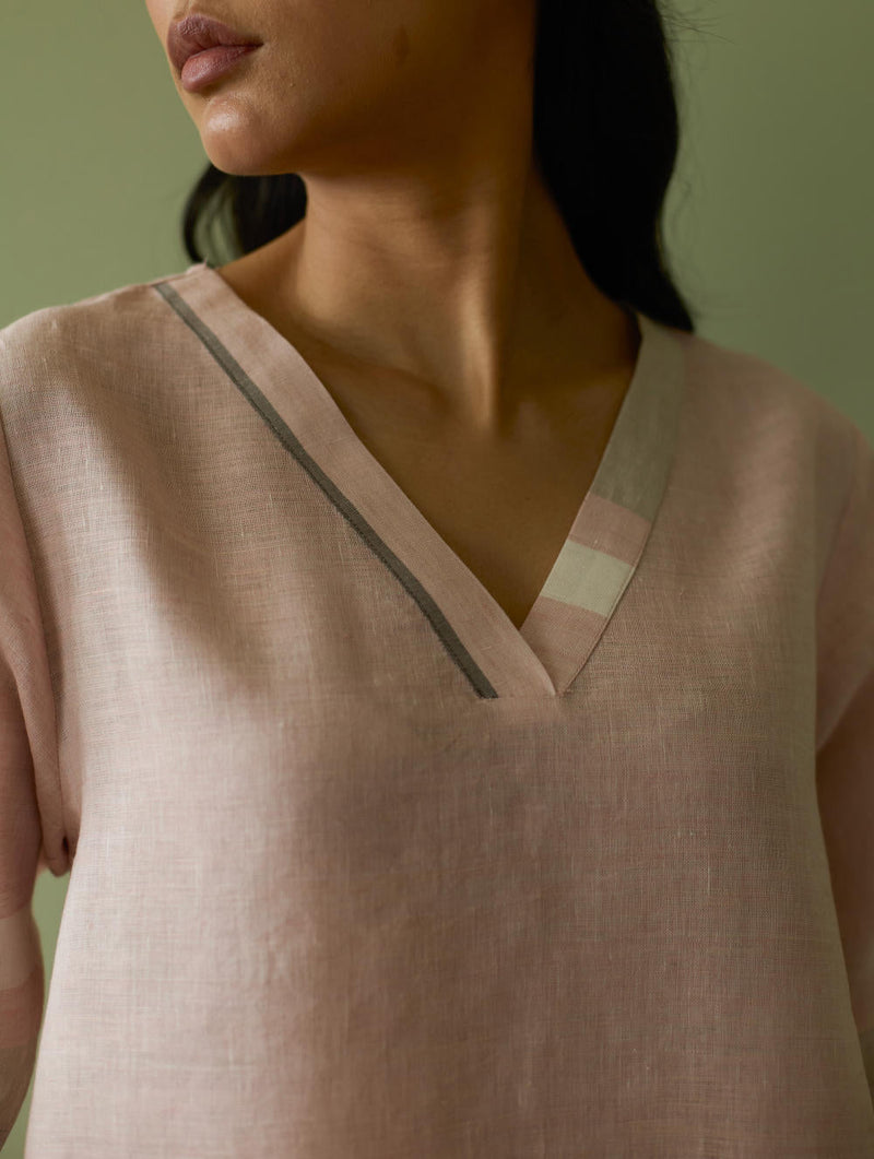 Iva Pleated Border Linen Kurta-Blush linen by Manan in blush color for women Worldwide