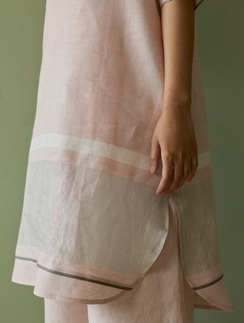 Iva Pleated Border Linen Kurta-Blush linen by Manan in blush color for women Worldwide
