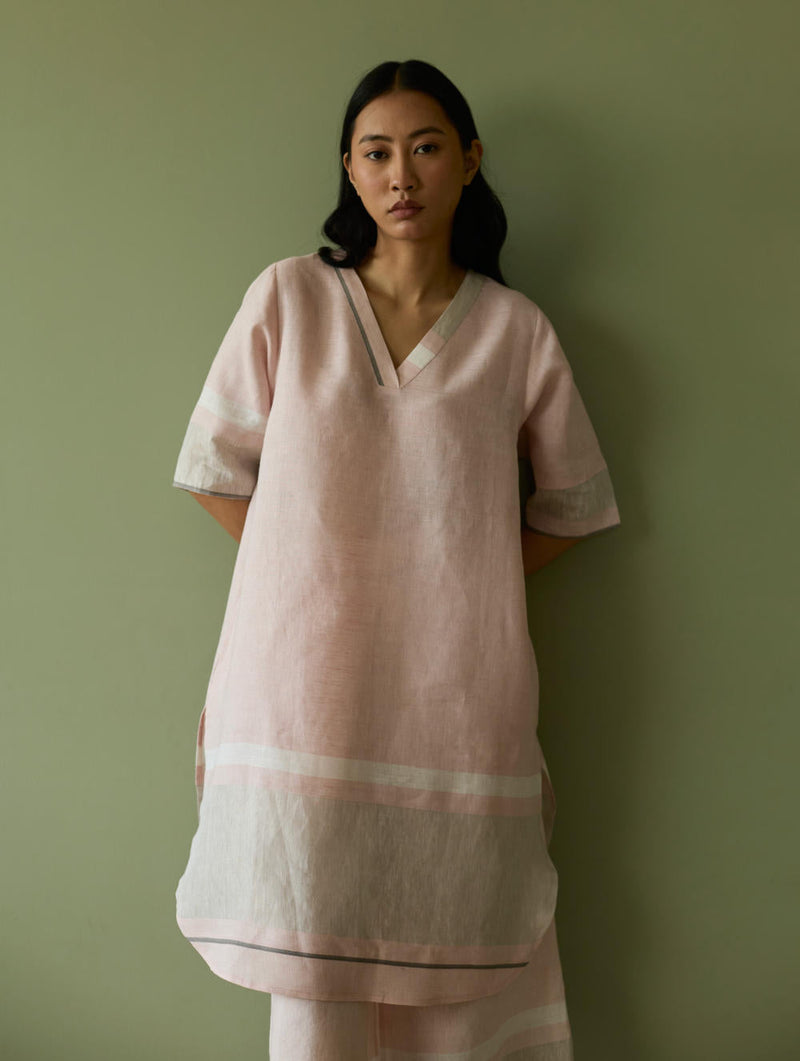 Iva Pleated Border Linen Kurta-Blush linen by Manan in blush color for women Worldwide