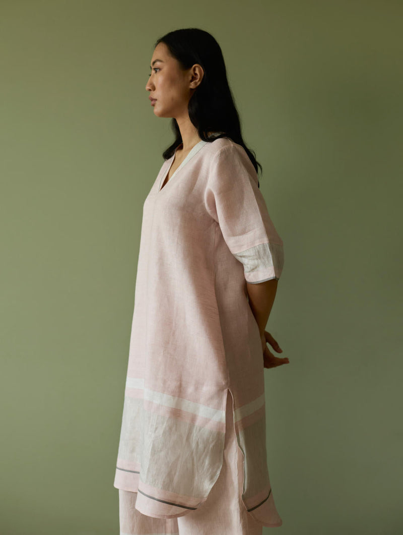 Iva Pleated Border Linen Kurta-Blush linen by Manan in blush color for women Worldwide