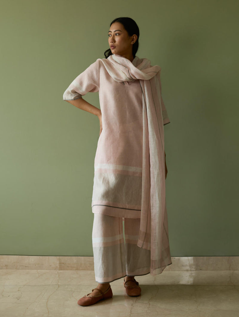 Iva Pleated Border Linen Kurta-Blush linen by Manan in blush color for women Worldwide