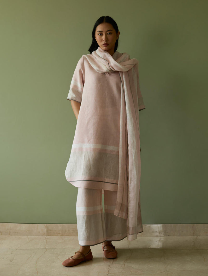 Iva Pleated Border Linen Kurta-Blush linen by Manan in blush color for women Worldwide