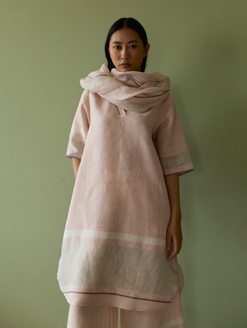 Iva Pleated Border Linen Kurta-Blush linen by Manan in blush color for women Worldwide