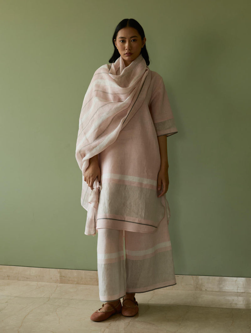 Iva Pleated Border Linen Kurta-Blush linen by Manan in blush color for women Worldwide