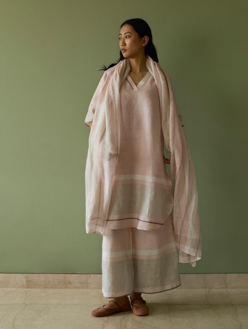 Iva Pleated Border Linen Kurta-Blush linen by Manan in blush color for women Worldwide