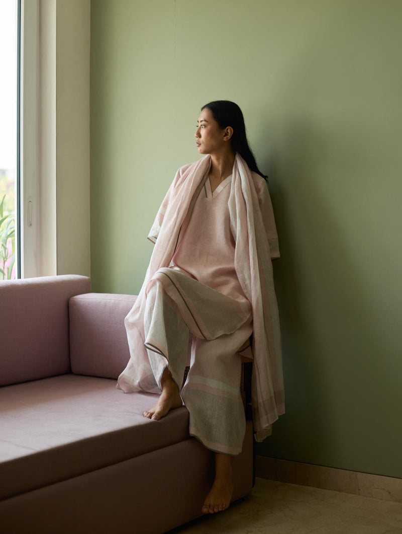 Iva Pleated Border Linen Kurta-Blush linen by Manan in blush color for women Worldwide