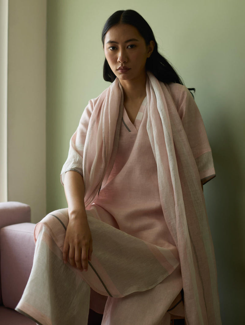 Iva Pleated Border Linen Kurta-Blush linen by Manan in blush color for women Worldwide