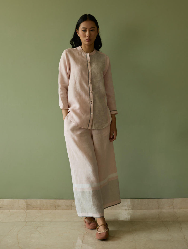 Iva Pleated Border Linen Kurta-Blush linen by Manan in blush color for women Worldwide