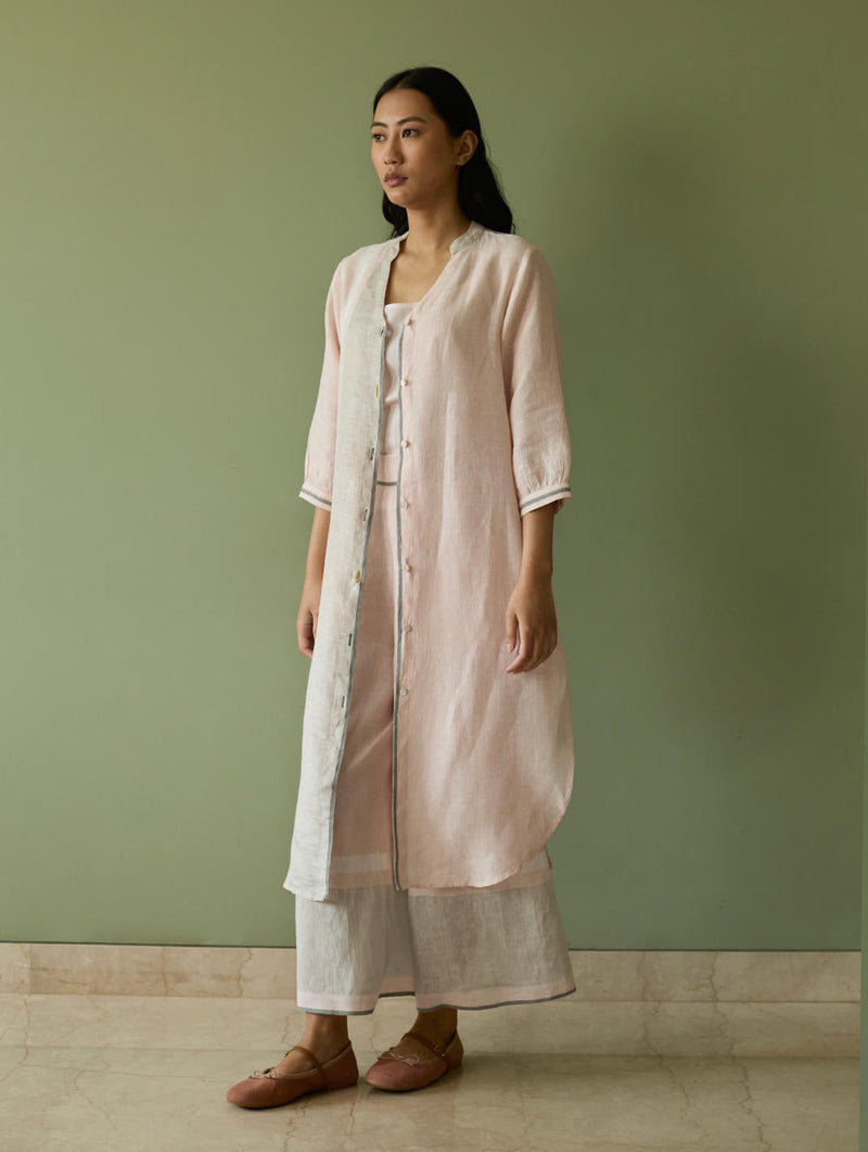 Mori Border Linen Shirt Kurta-Blush linen by Manan in blush color for women Worldwide