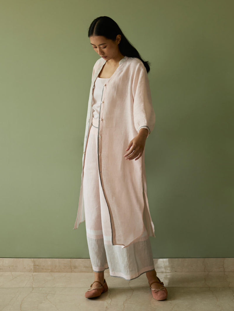 Mori Border Linen Shirt Kurta-Blush linen by Manan in blush color for women Worldwide