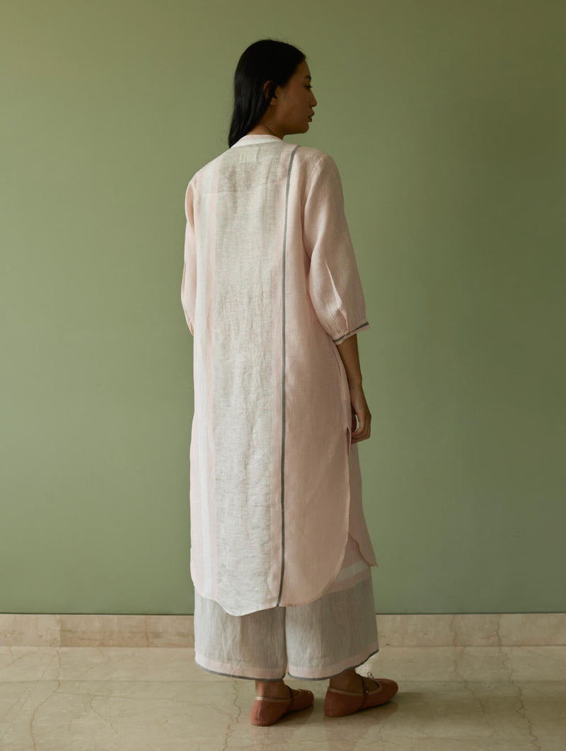 Mori Border Linen Shirt Kurta-Blush linen by Manan in blush color for women Worldwide