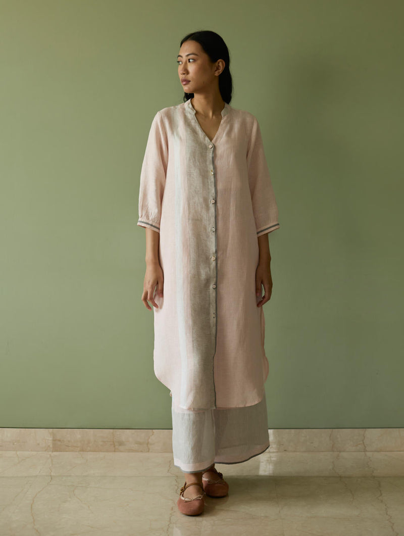 Mori Border Linen Shirt Kurta-Blush linen by Manan in blush color for women Worldwide