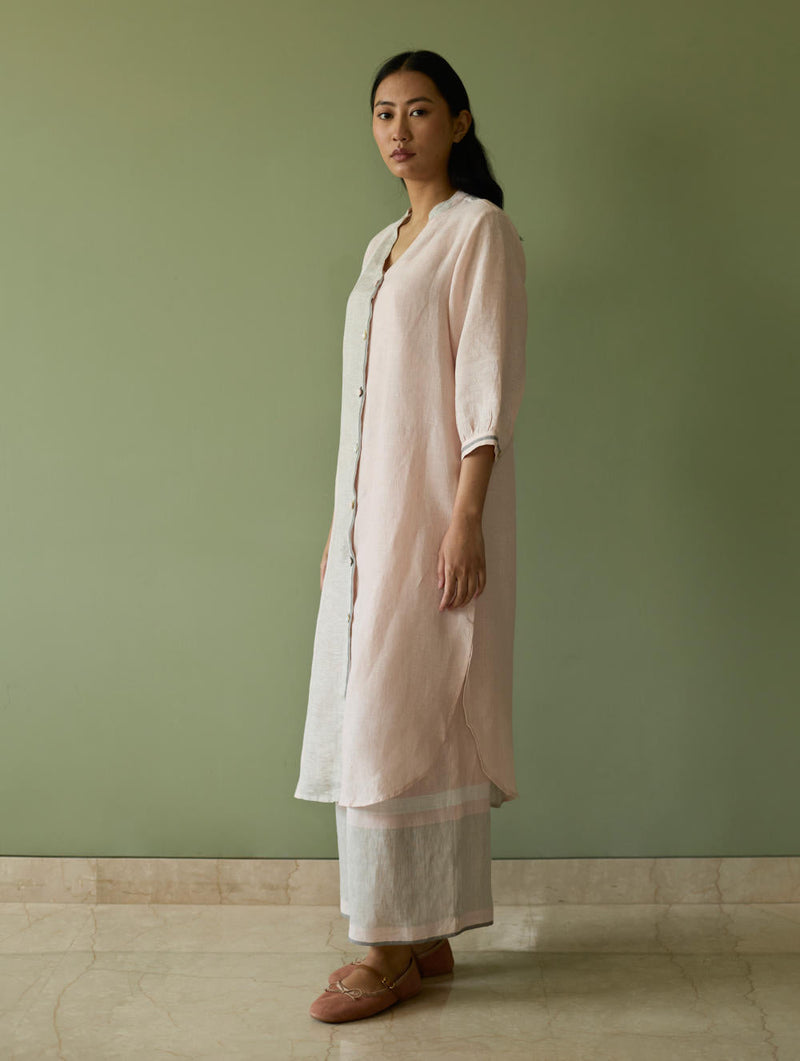 Mori Border Linen Shirt Kurta-Blush linen by Manan in blush color for women Worldwide