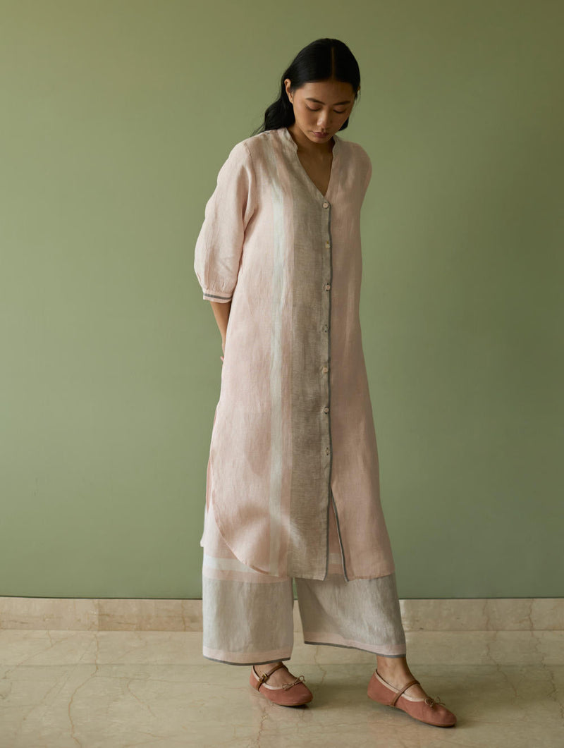 Mori Border Linen Shirt Kurta-Blush linen by Manan in blush color for women Worldwide