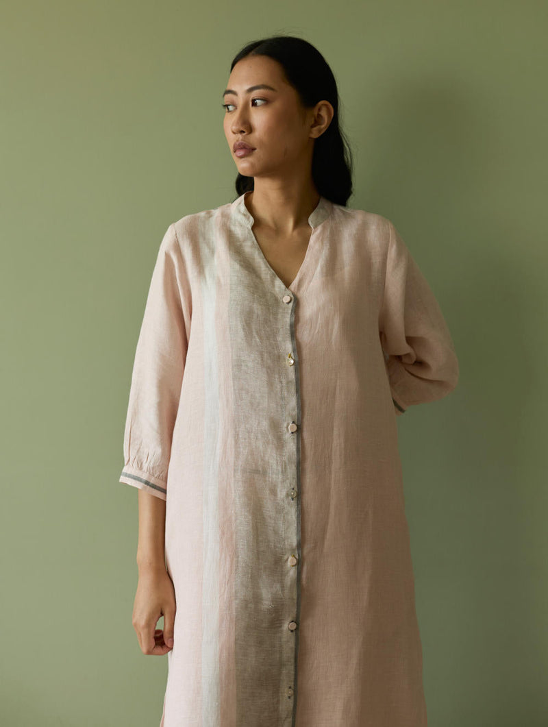 Mori Border Linen Shirt Kurta-Blush linen by Manan in blush color for women Worldwide