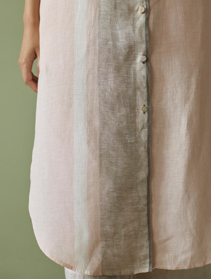 Mori Border Linen Shirt Kurta-Blush linen by Manan in blush color for women Worldwide