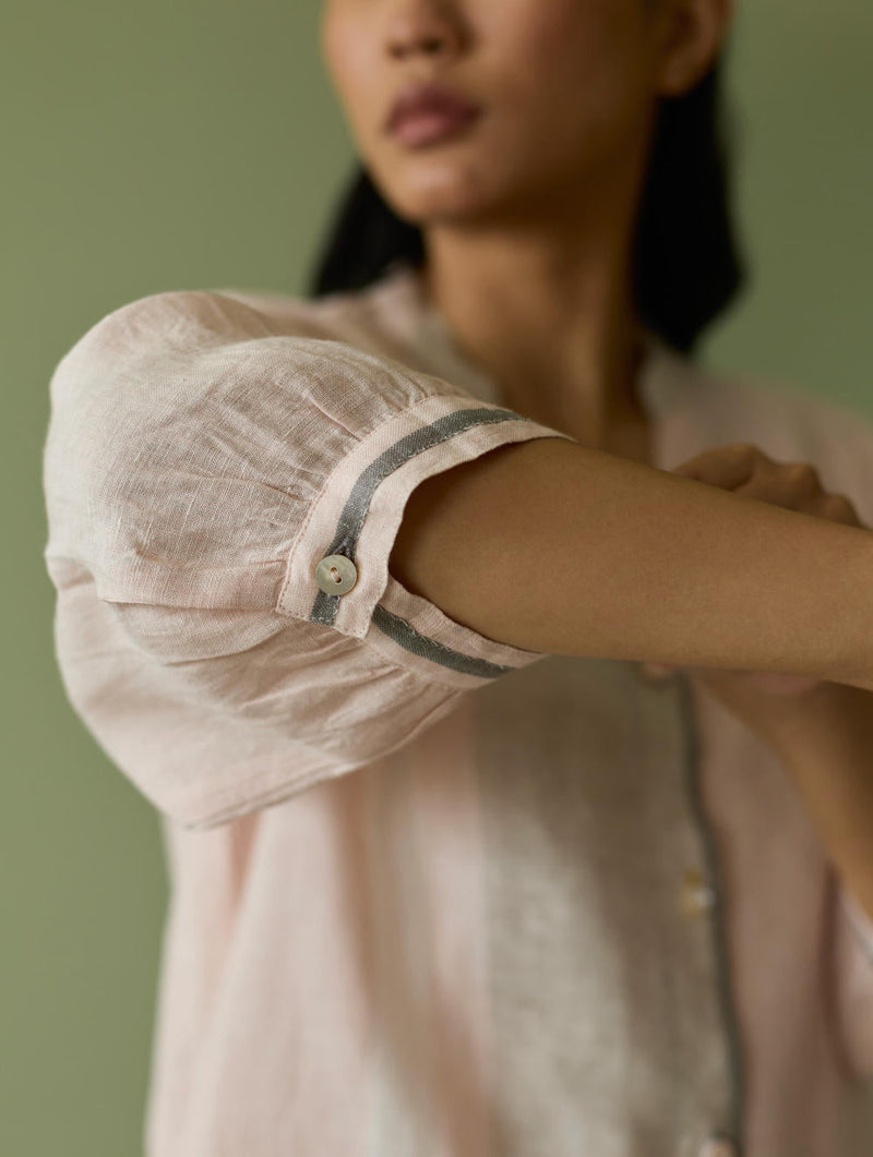 Mori Border Linen Shirt Kurta-Blush linen by Manan in blush color for women Worldwide