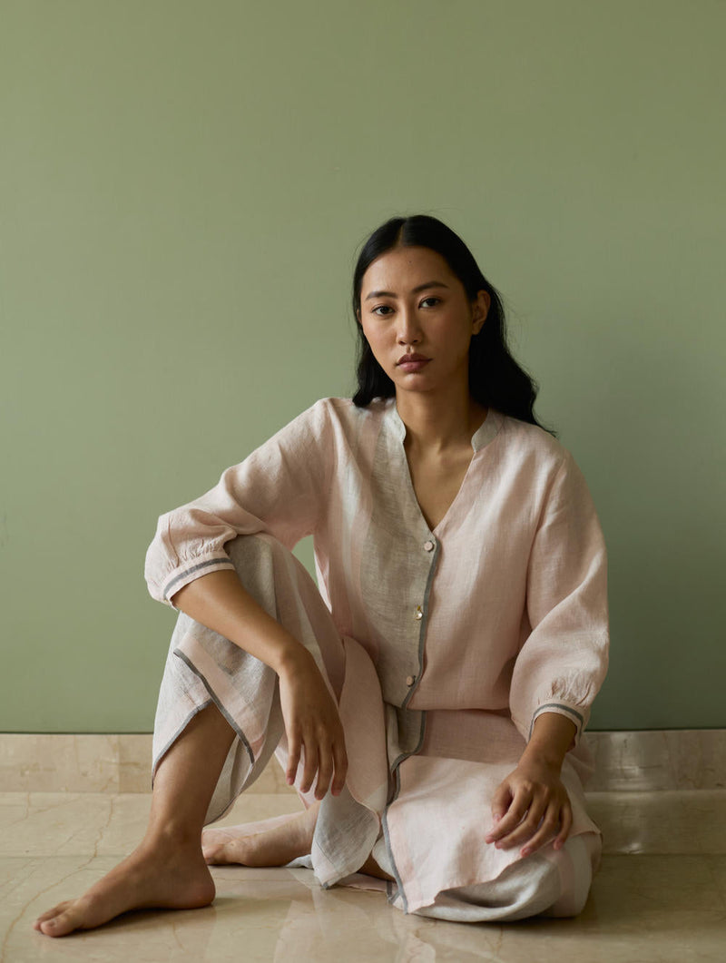 Mori Border Linen Shirt Kurta-Blush linen by Manan in blush color for women Worldwide