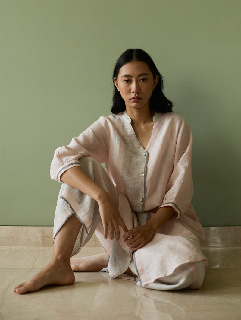 Mori Border Linen Shirt Kurta-Blush linen by Manan in blush color for women Worldwide