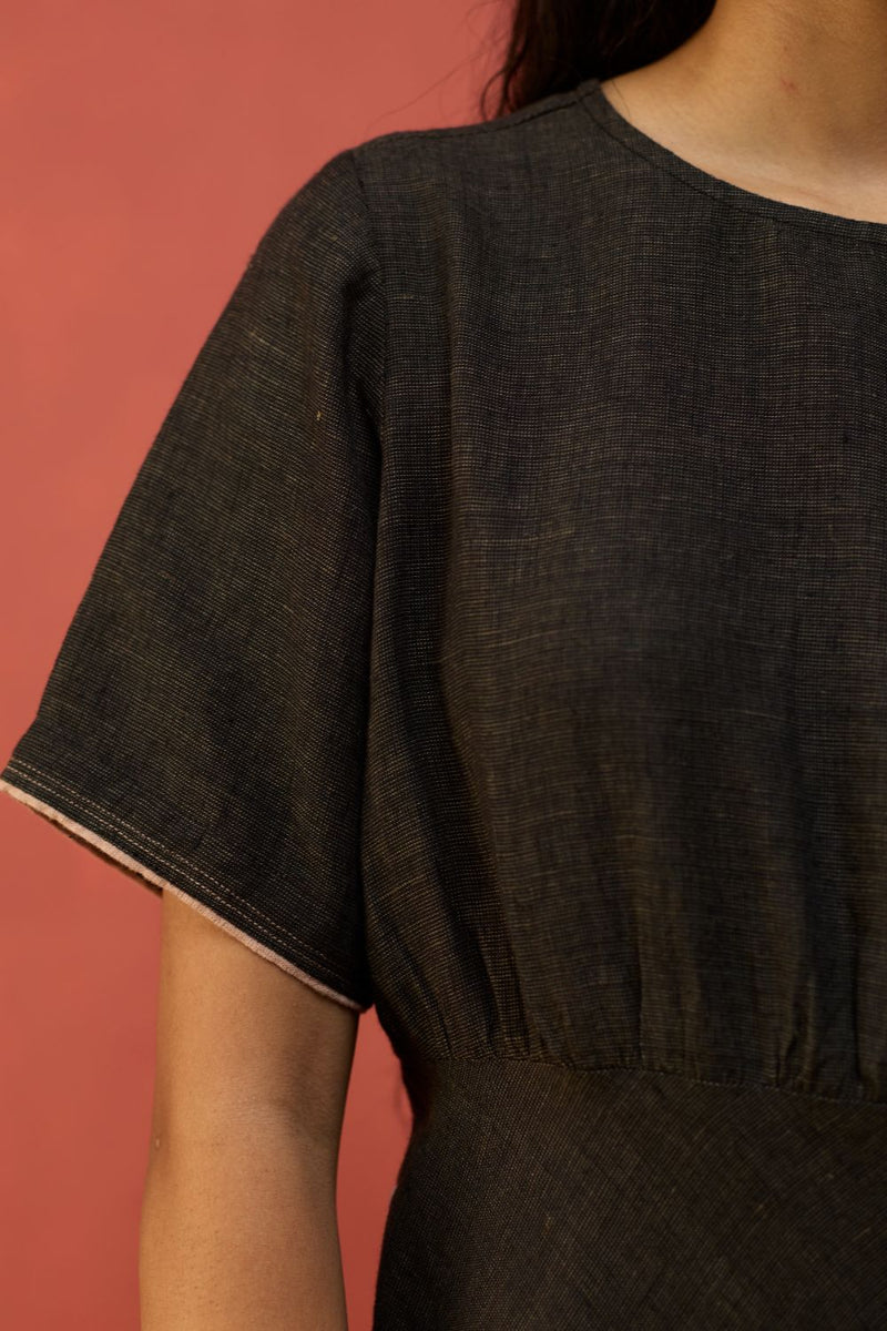 Fumi Bias Skirt Stripe Linen Dress - Charcoal linen by Manan in charcoal color for women Worldwide