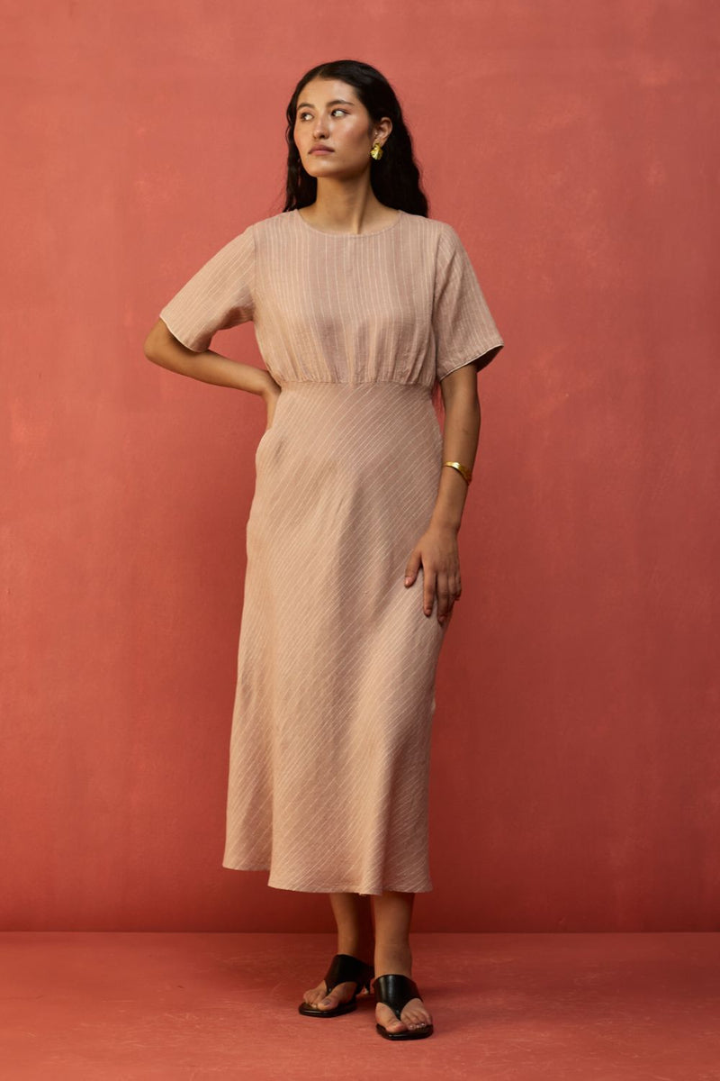 Fumi Bias Skirt Stripe Linen Dress - Dusty Rose linen by Manan in blush color for women Worldwide