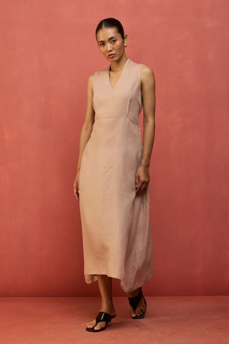 Tako Sleeveless Linen Knot Dress - Dusty Rose linen by Manan in blush color for women Worldwide