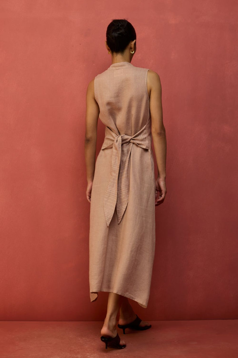 Tako Sleeveless Linen Knot Dress - Dusty Rose linen by Manan in blush color for women Worldwide