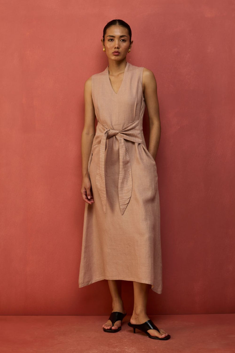 Tako Sleeveless Linen Knot Dress - Dusty Rose linen by Manan in blush color for women Worldwide