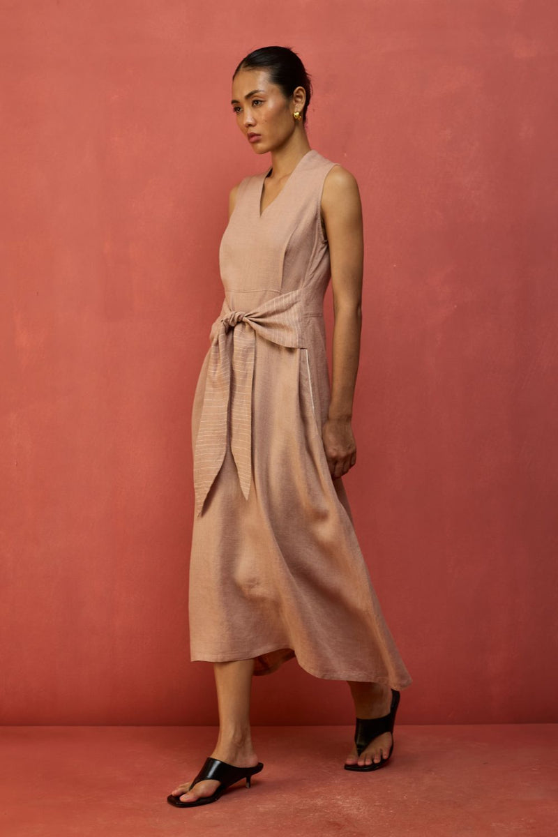 Tako Sleeveless Linen Knot Dress - Dusty Rose linen by Manan in blush color for women Worldwide