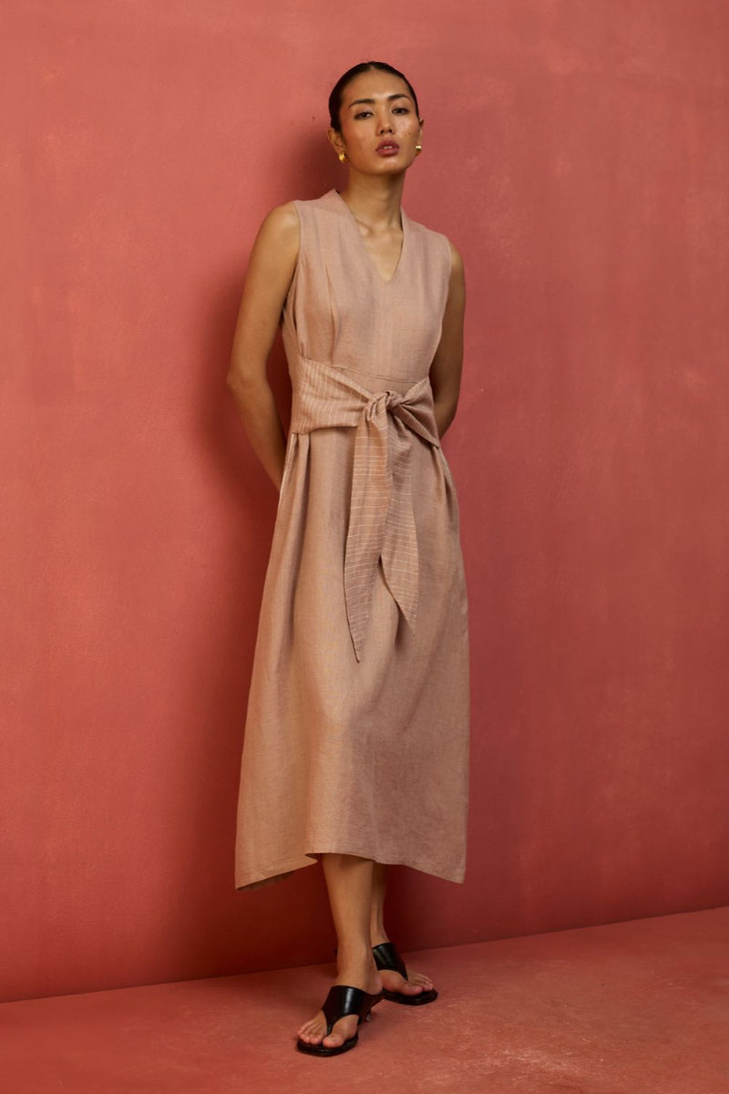 Tako Sleeveless Linen Knot Dress - Dusty Rose linen by Manan in blush color for women Worldwide