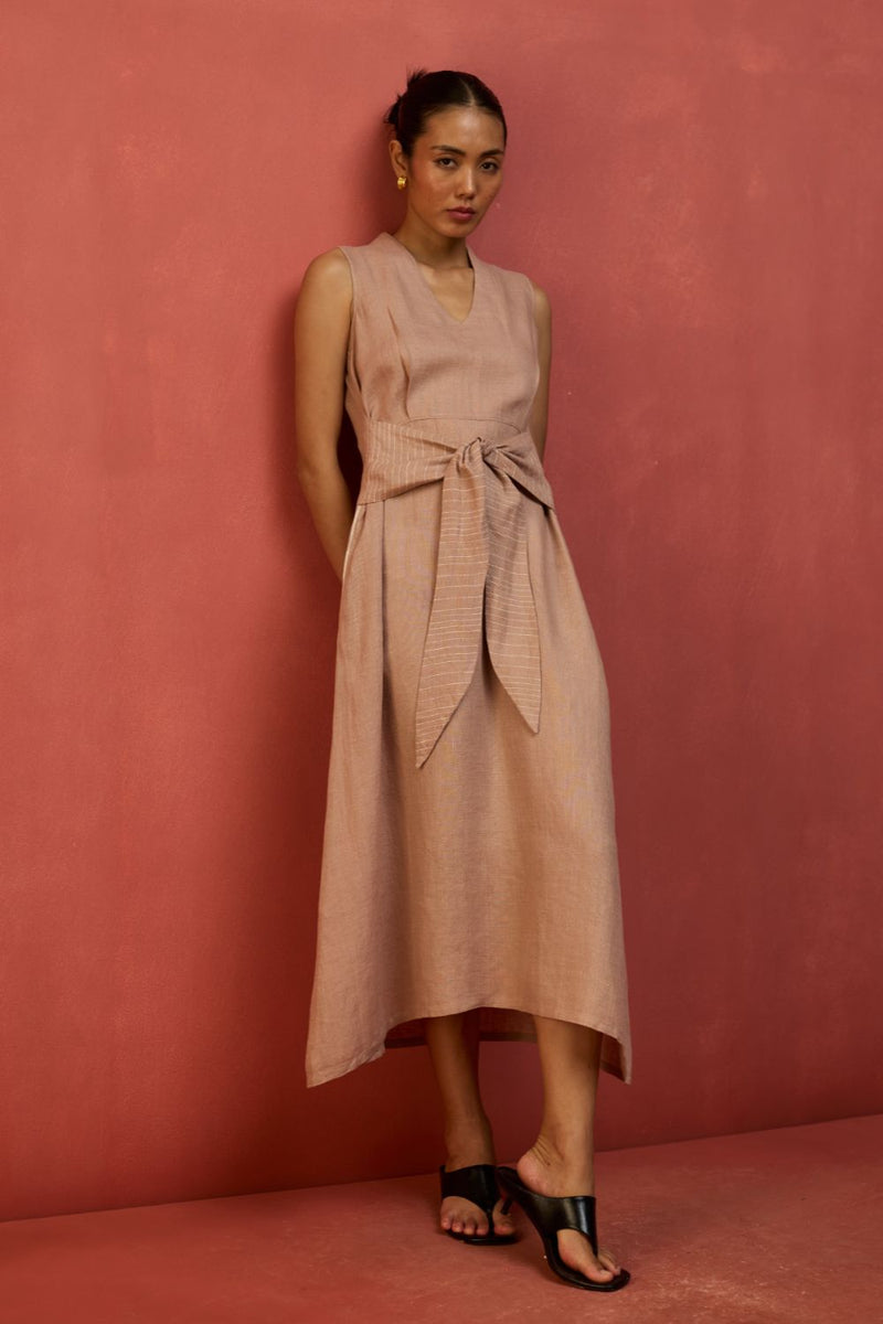 Tako Sleeveless Linen Knot Dress - Dusty Rose linen by Manan in blush color for women Worldwide