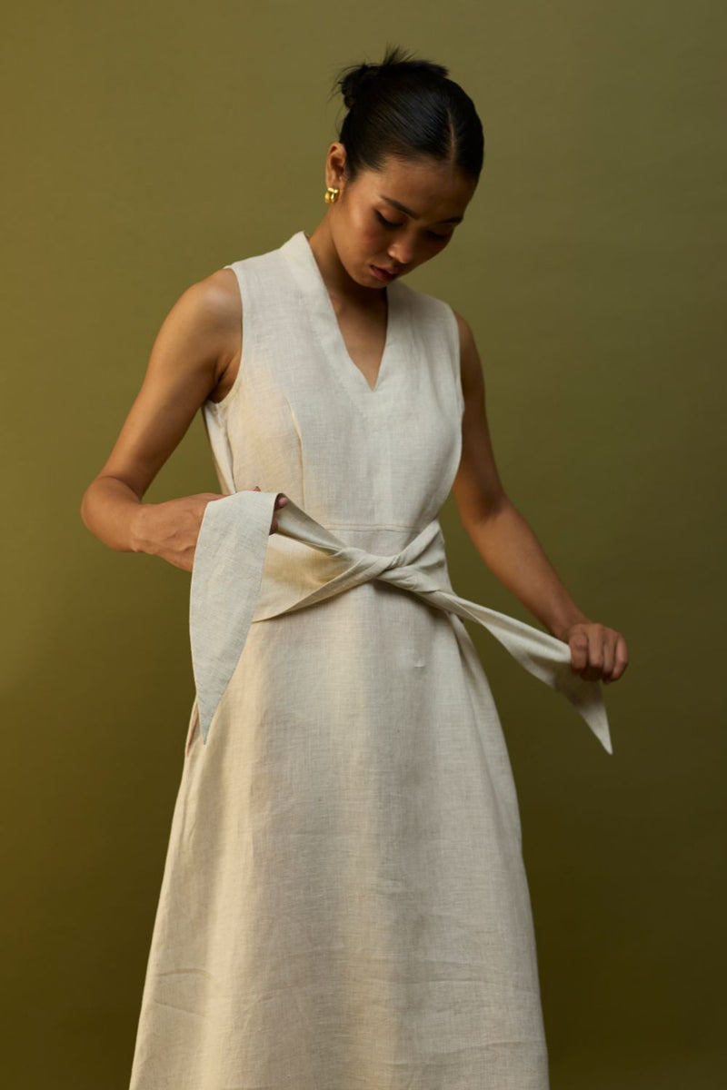 Tako Sleeveless Linen Knot Dress - Off White linen by Manan in ivory color for women Worldwide