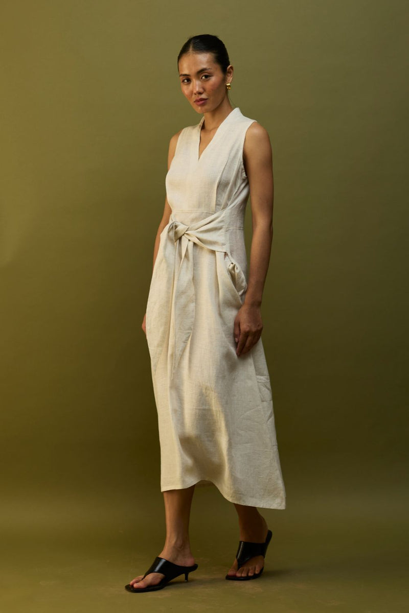 Tako Sleeveless Linen Knot Dress - Off White linen by Manan in ivory color for women Worldwide