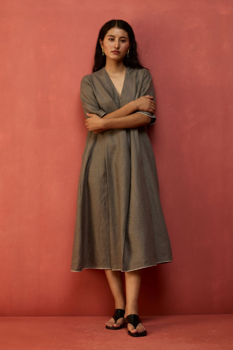 Maki Pleated Linen Dress - Grey linen by Manan in grey color for women Worldwide