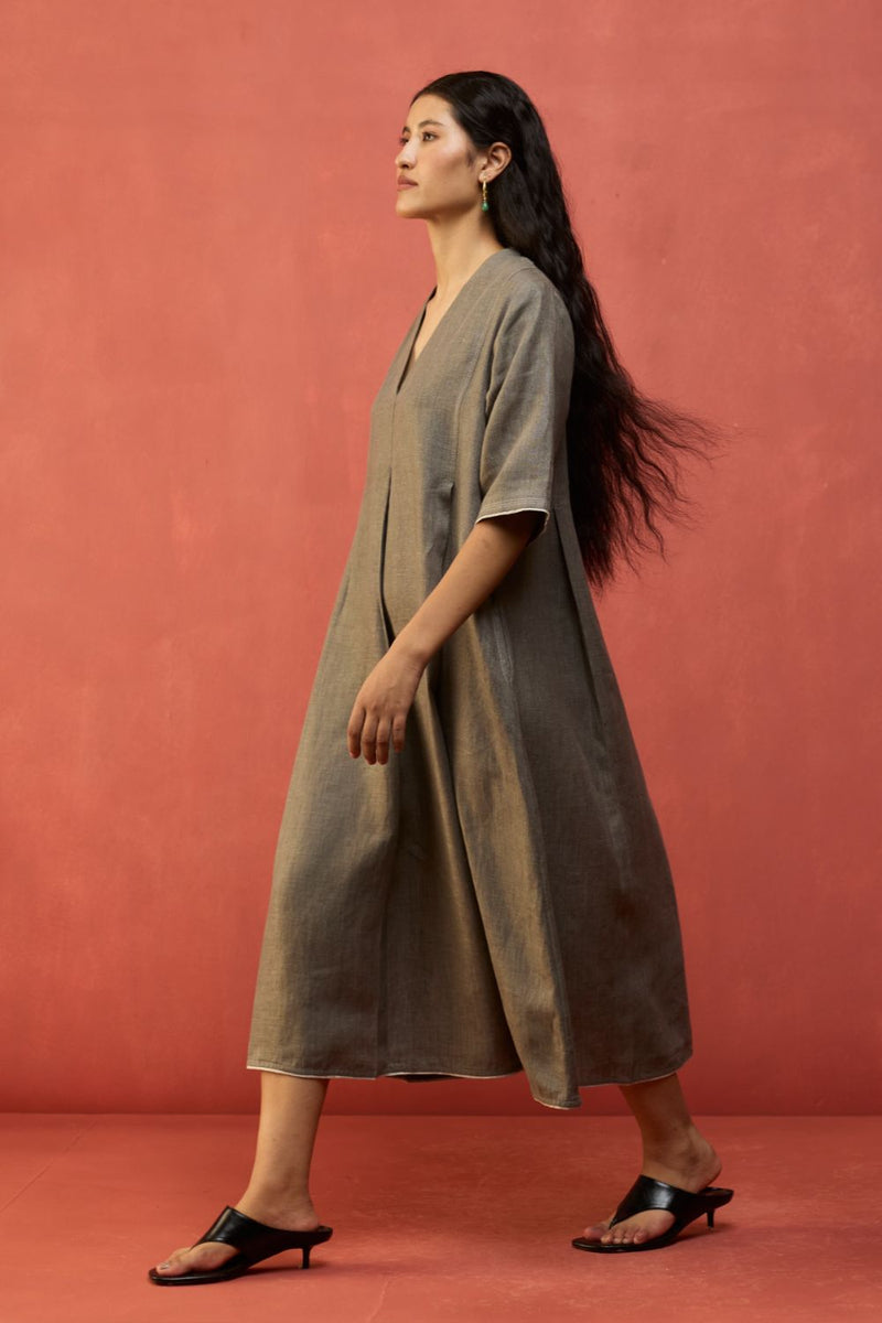 Maki Pleated Linen Dress - Grey linen by Manan in grey color for women Worldwide