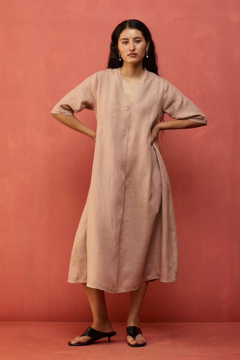 Maki Pleated Linen Dress - Dusty Rose linen by Manan in blush color for women Worldwide