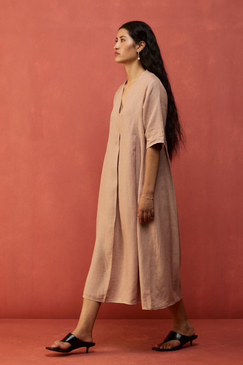 Maki Pleated Linen Dress - Dusty Rose linen by Manan in blush color for women Worldwide