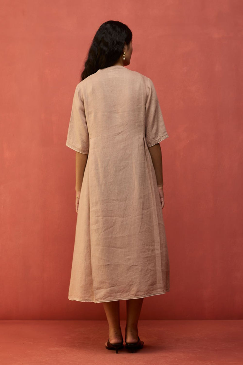 Maki Pleated Linen Dress - Dusty Rose linen by Manan in blush color for women Worldwide