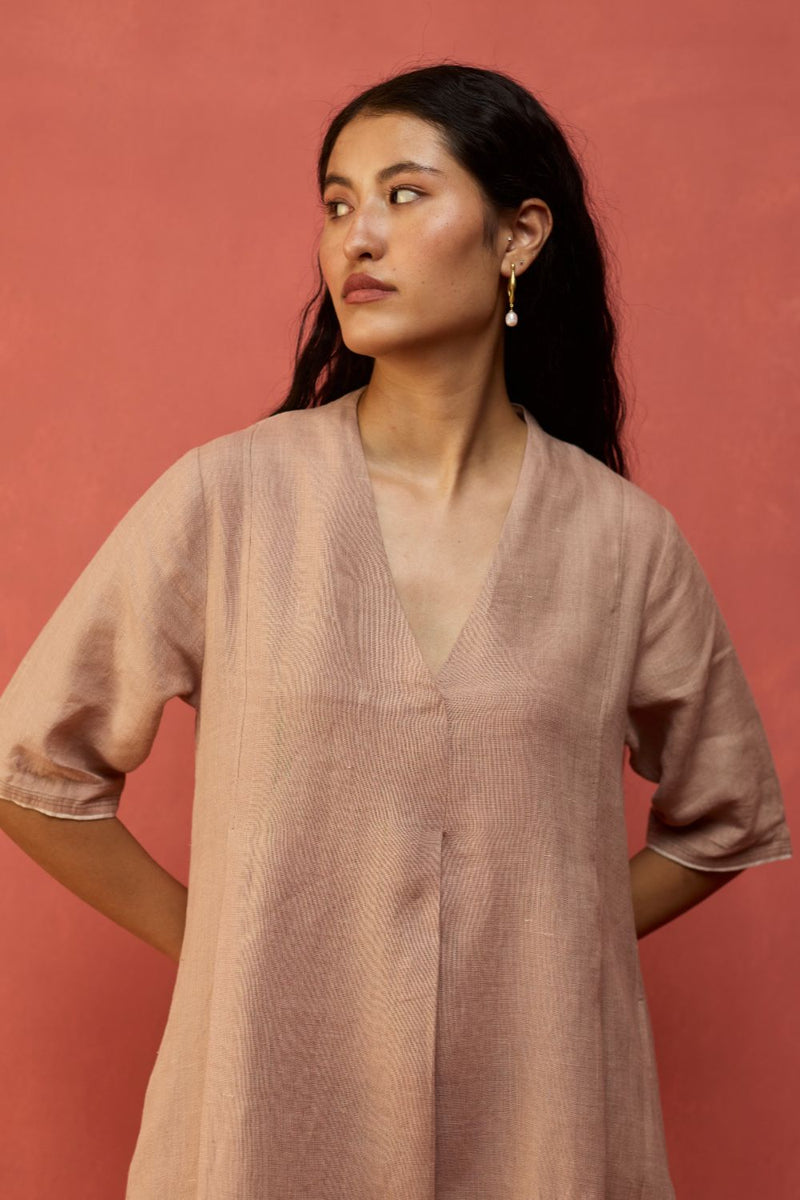Maki Pleated Linen Dress - Dusty Rose linen by Manan in blush color for women Worldwide