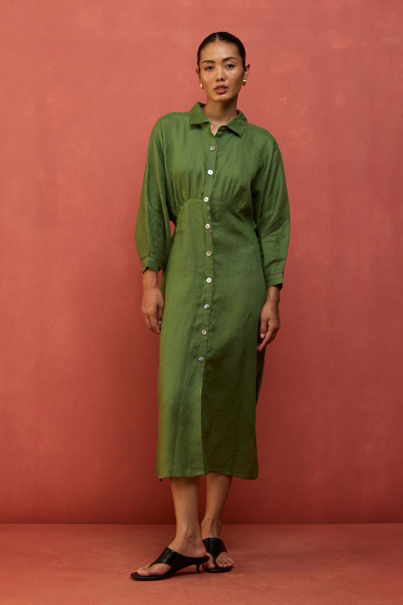 Masaru Buttoned Linen Dress - Fern Green linen by Manan in green color for women Worldwide