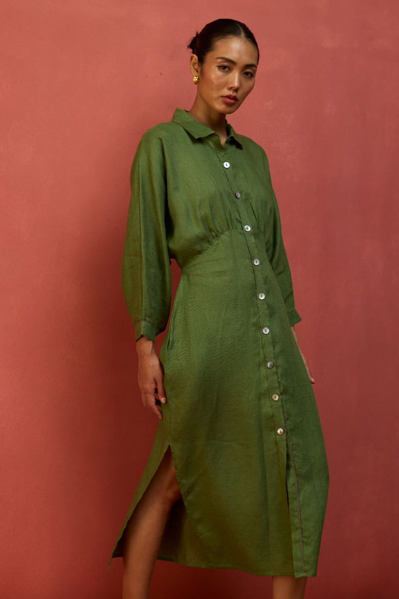 Masaru Buttoned Linen Dress - Fern Green linen by Manan in green color for women Worldwide