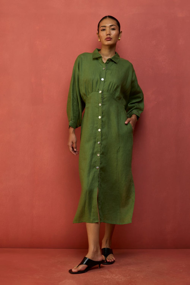 Masaru Buttoned Linen Dress - Fern Green linen by Manan in green color for women Worldwide