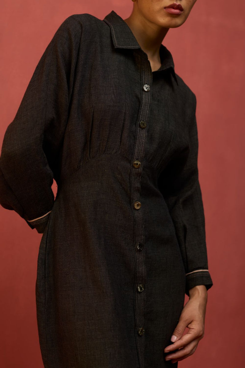 Masaru Buttoned Linen Dress - Charcoal linen by Manan in charcoal color for women Worldwide