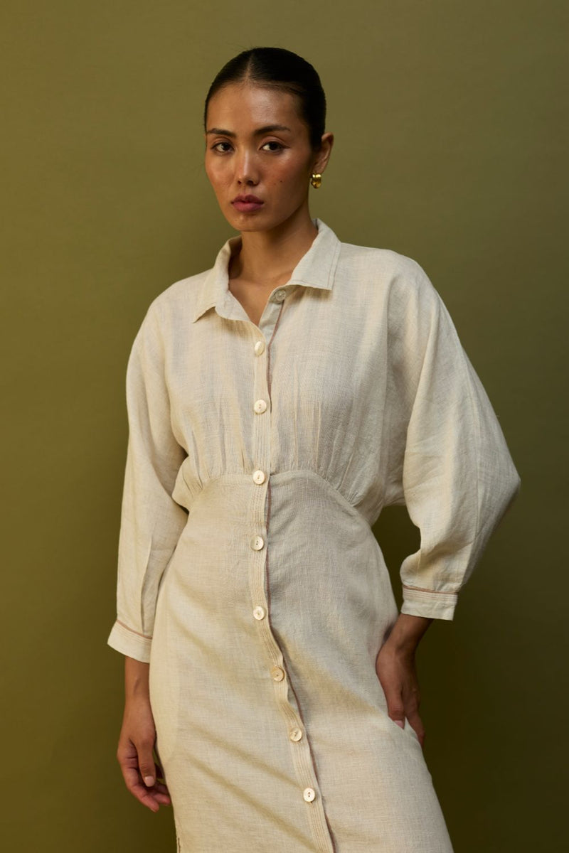 Masaru Buttoned Linen Dress - Off White linen by Manan in ivory color for women Worldwide