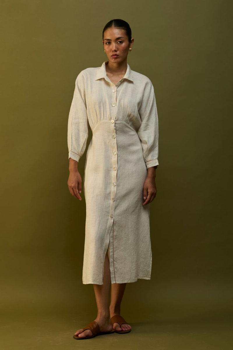 Masaru Buttoned Linen Dress - Off White linen by Manan in ivory color for women Worldwide