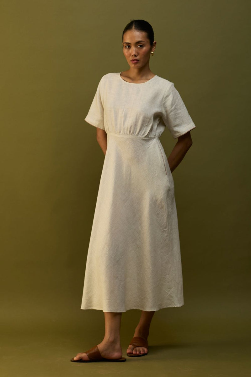 Masaru Buttoned Linen Dress - Off White linen by Manan in ivory color for women Worldwide