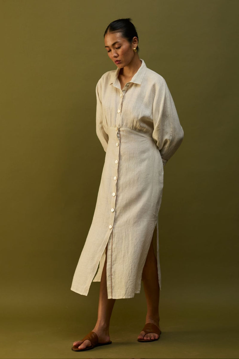 Masaru Buttoned Linen Dress - Off White linen by Manan in ivory color for women Worldwide