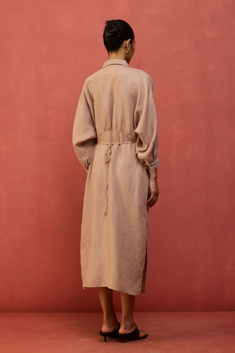 Masaru Buttoned Linen Dress - Dusty Rose linen by Manan in blush color for women Worldwide
